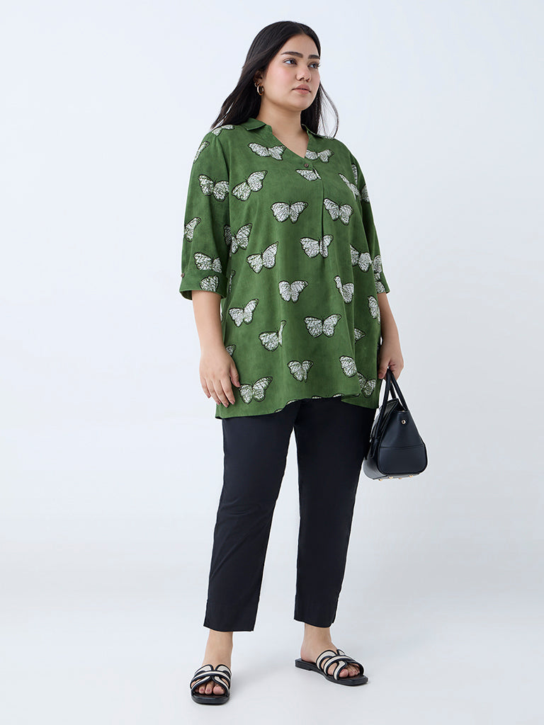 Westside Diza Women's Green Butterfly Printed Ethnic Tunic for Work Wear Front View