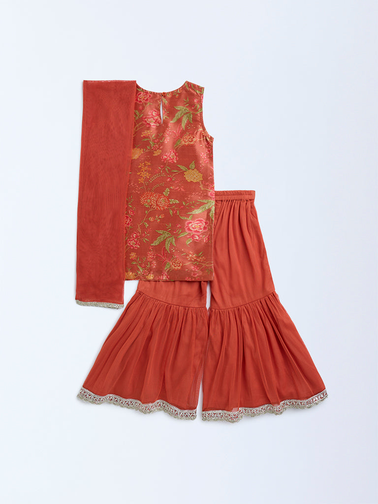 Westside Utsa Kids Rust Floral Pattern Ethnic Set - (2-8 years) for Ethnic Wear Flatly Back View