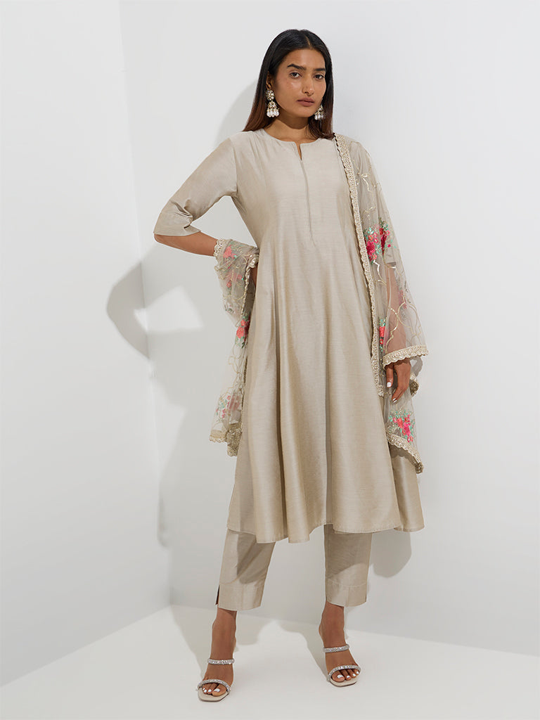 Westside Vark Women's Taupe Floral Detailed A-Line Ethnic Set for Festive Wear Full Model View