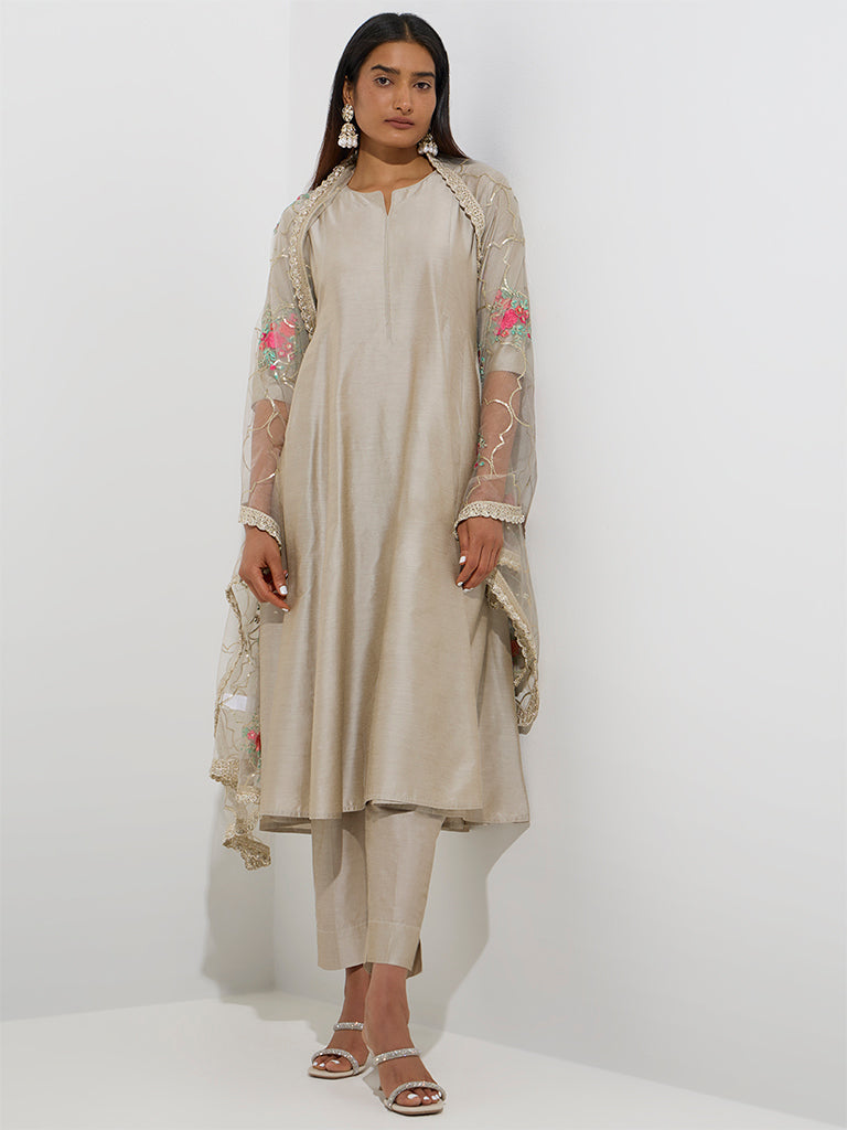 Westside Vark Women's Taupe Floral Detailed A-Line Ethnic Set for Festive Wear Front View