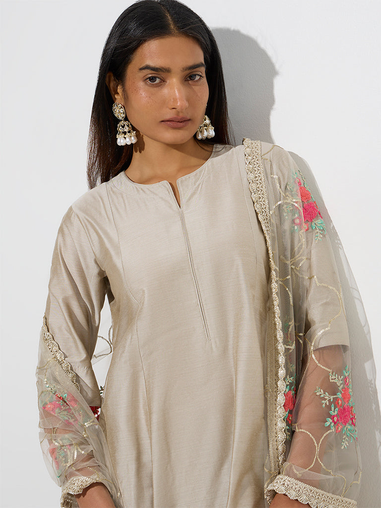 Westside Vark Women's Taupe Floral Detailed A-Line Ethnic Set for Festive Wear Zoom View