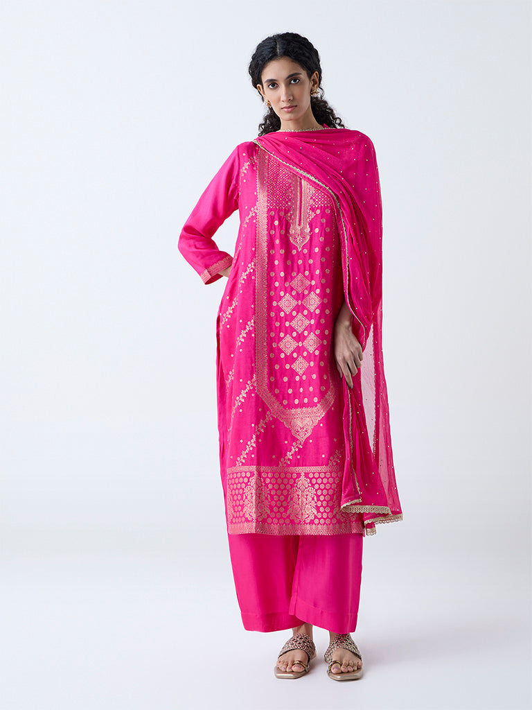Westside Vark Women's Fuchsia Embroidered Straight Ethnic Set for Festive Wear Front View