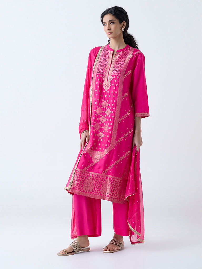 Westside Vark Women's Fuchsia Embroidered Straight Ethnic Set for Festive Wear Full View
