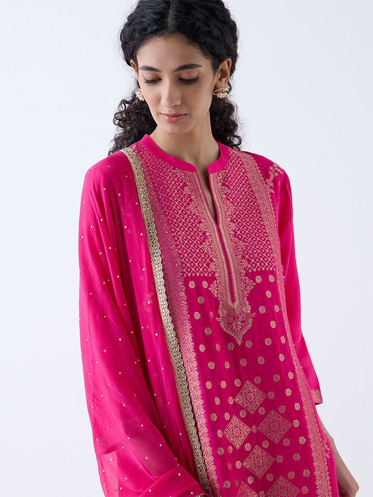 Westside Vark Women's Fuchsia Embroidered Straight Ethnic Set for Festive Wear Zoomed View