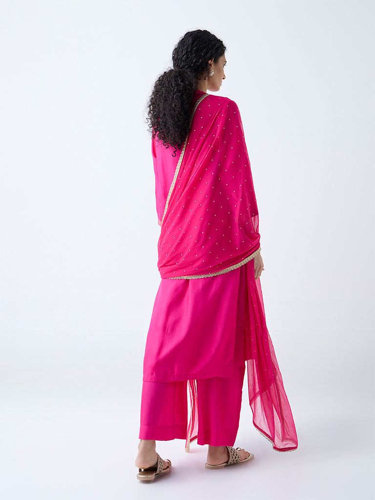 Westside Vark Women's Fuchsia Embroidered Straight Ethnic Set for Festive Wear Back View