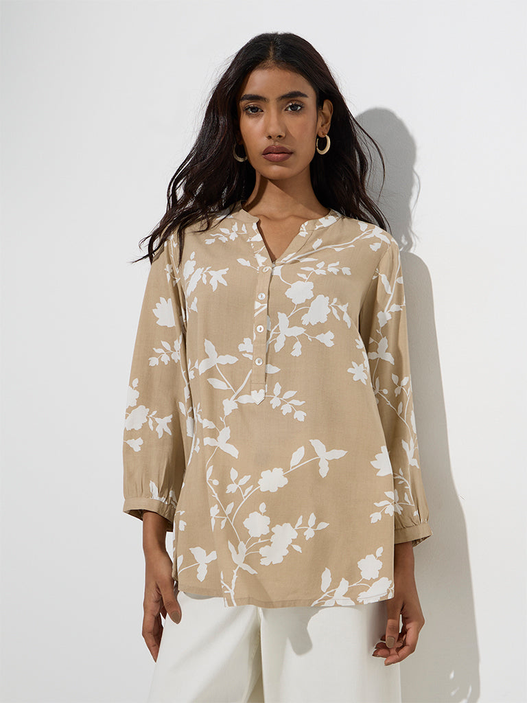 Westside Utsa Women's Beige Floral Pattern Tunic for Everyday Full View