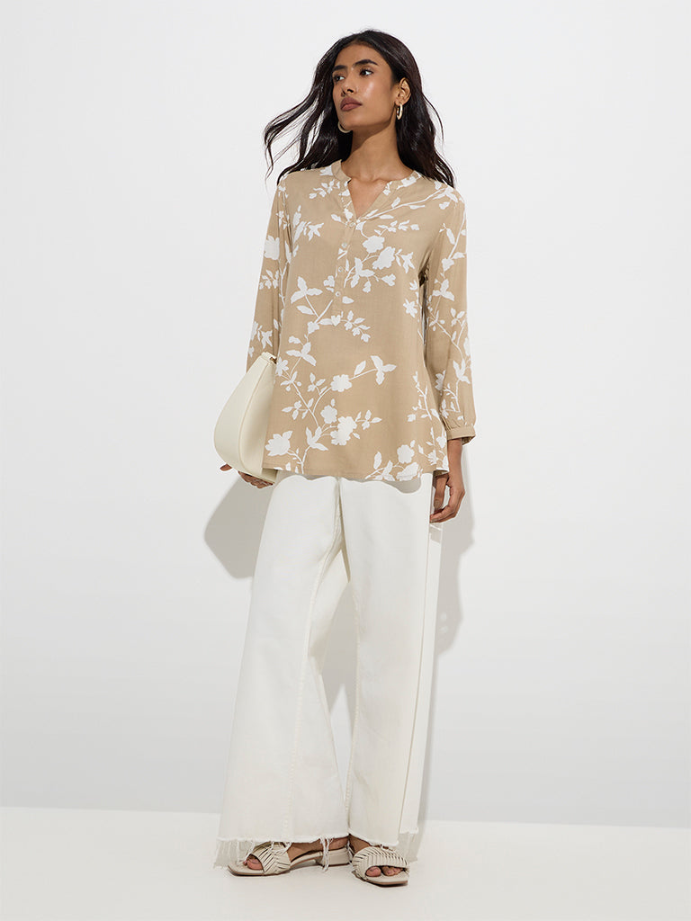 Westside Utsa Women's Beige Floral Pattern Tunic for Everyday Front View