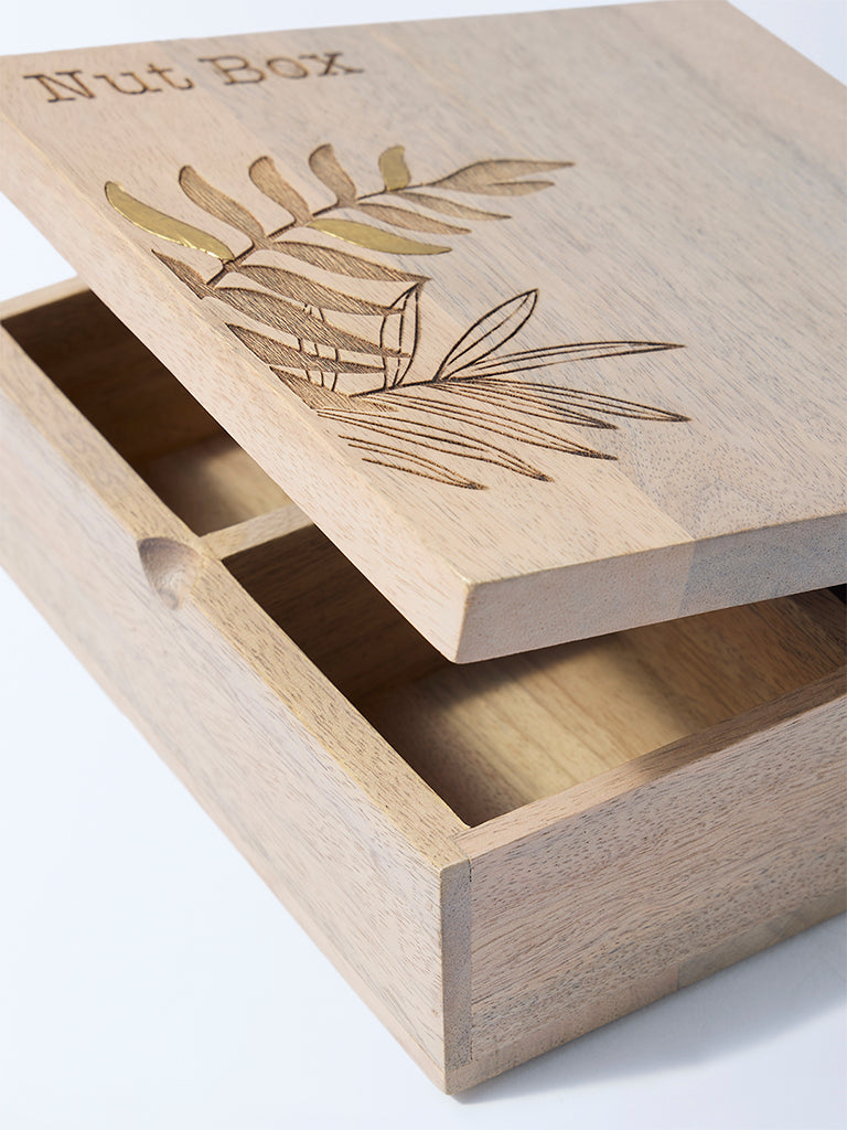 Westside Home Beige Leaf Etched Wooden Nut Box