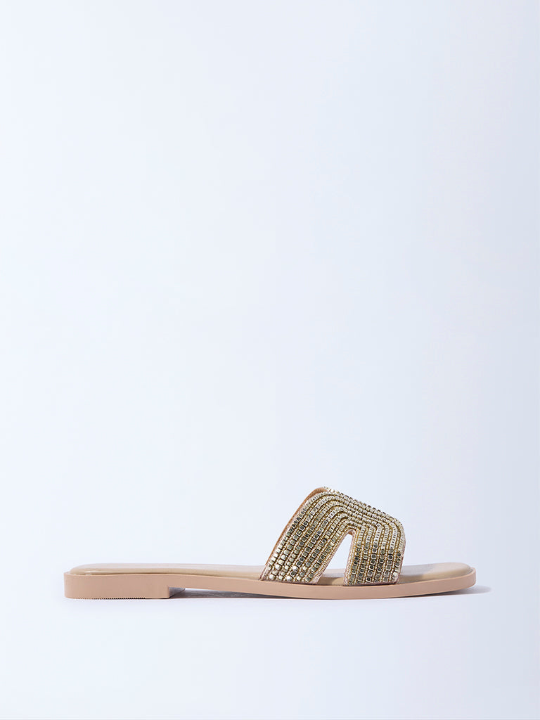 Westside LUNA BLU Women's Light Gold Embellished Slides for Festival Wear Side View