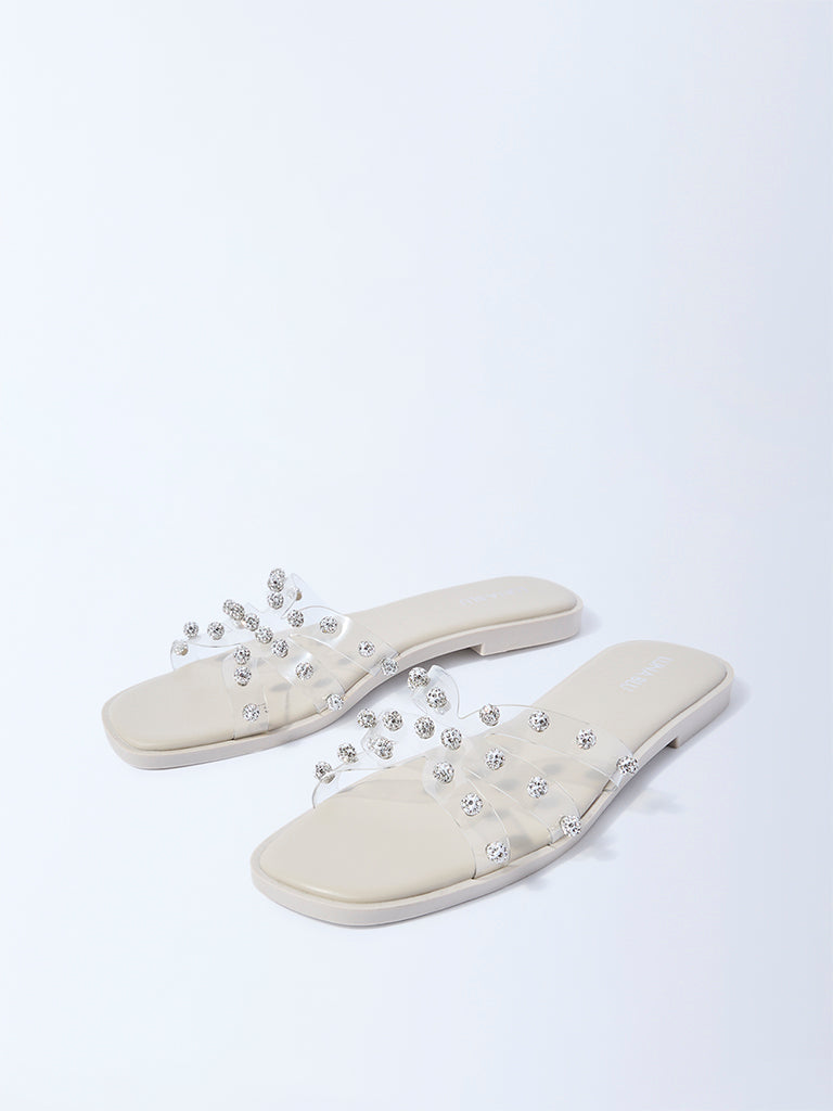 LUNA BLU Ivory Embellished Vinyl Slides
