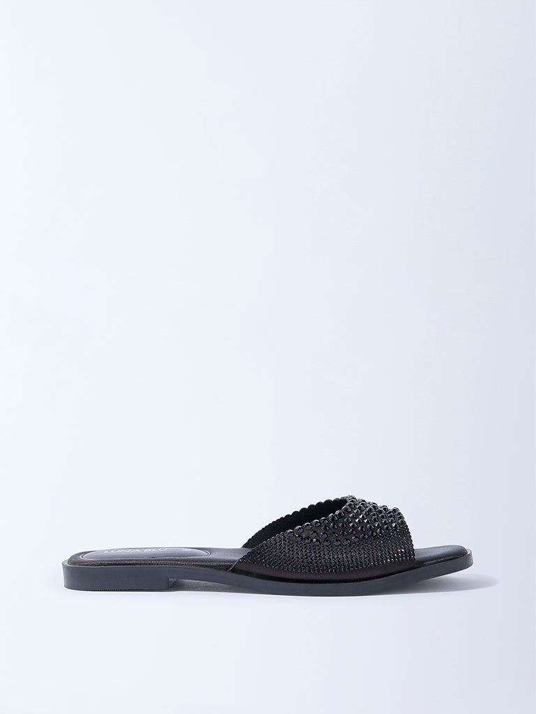 Westside LUNA BLU Women's Black Embellished Slides for Casual Wear Side View