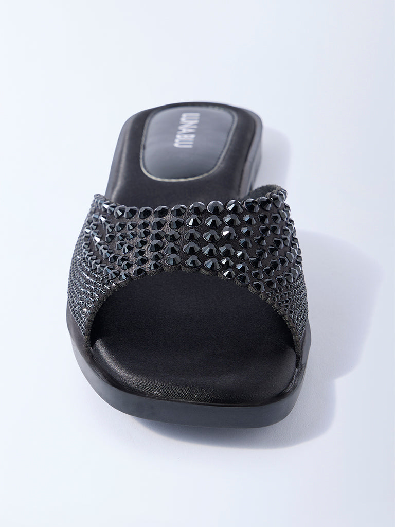 Westside LUNA BLU Women's Black Embellished Slides for Casual Wear Front view