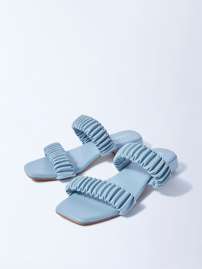 Westside LUNA BLU Women's Blue Ruched Slip-On Sandals for Casual Wear Full View