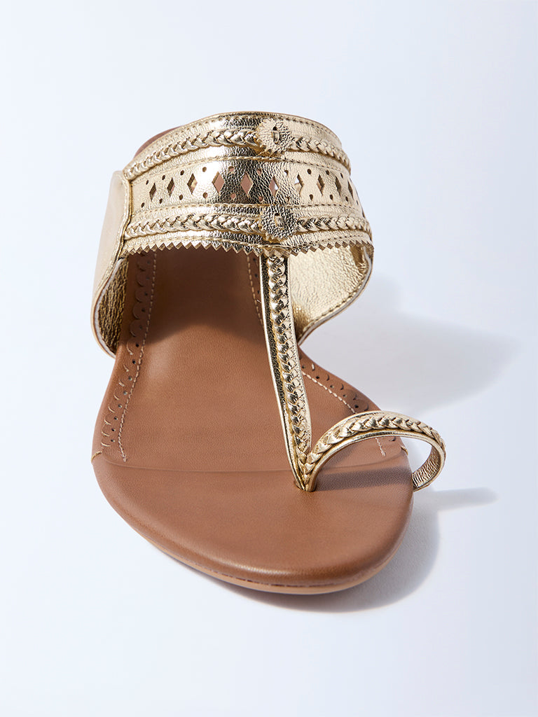 Westside LUNA BLU Women's Gold Kolhapuri Block Heel Sandals for Festival Wear Zoomed View
