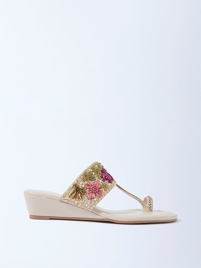 LUNA BLU Ivory Embellished Wedge-Heel Kolhapuri Sandals