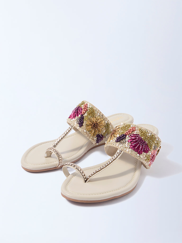 LUNA BLU Ivory Embellished Wedge-Heel Kolhapuri Sandals