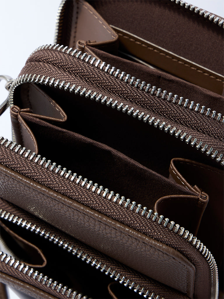 Westside Brown Textured Wallet-Style Sling Bag