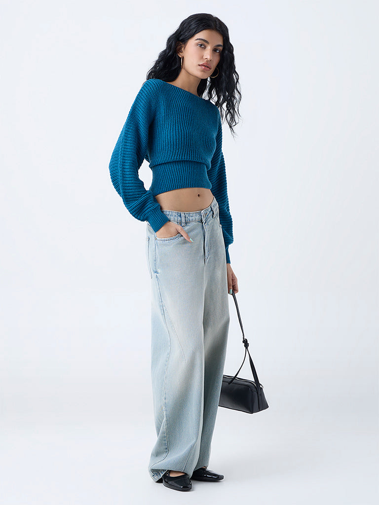 Nuon Teal Knit-Textured Sweater