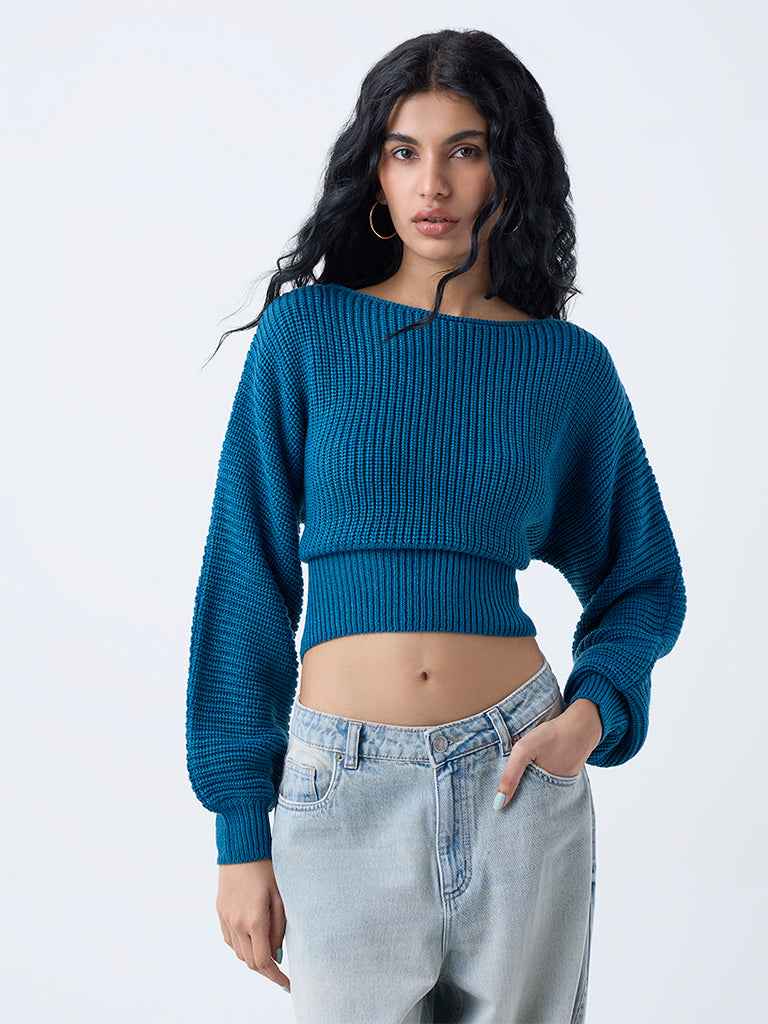Nuon Teal Knit-Textured Sweater