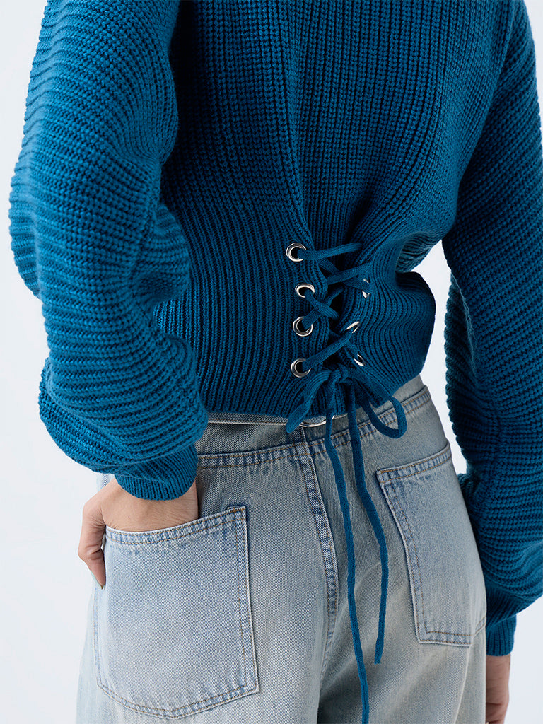 Nuon Teal Knit-Textured Sweater