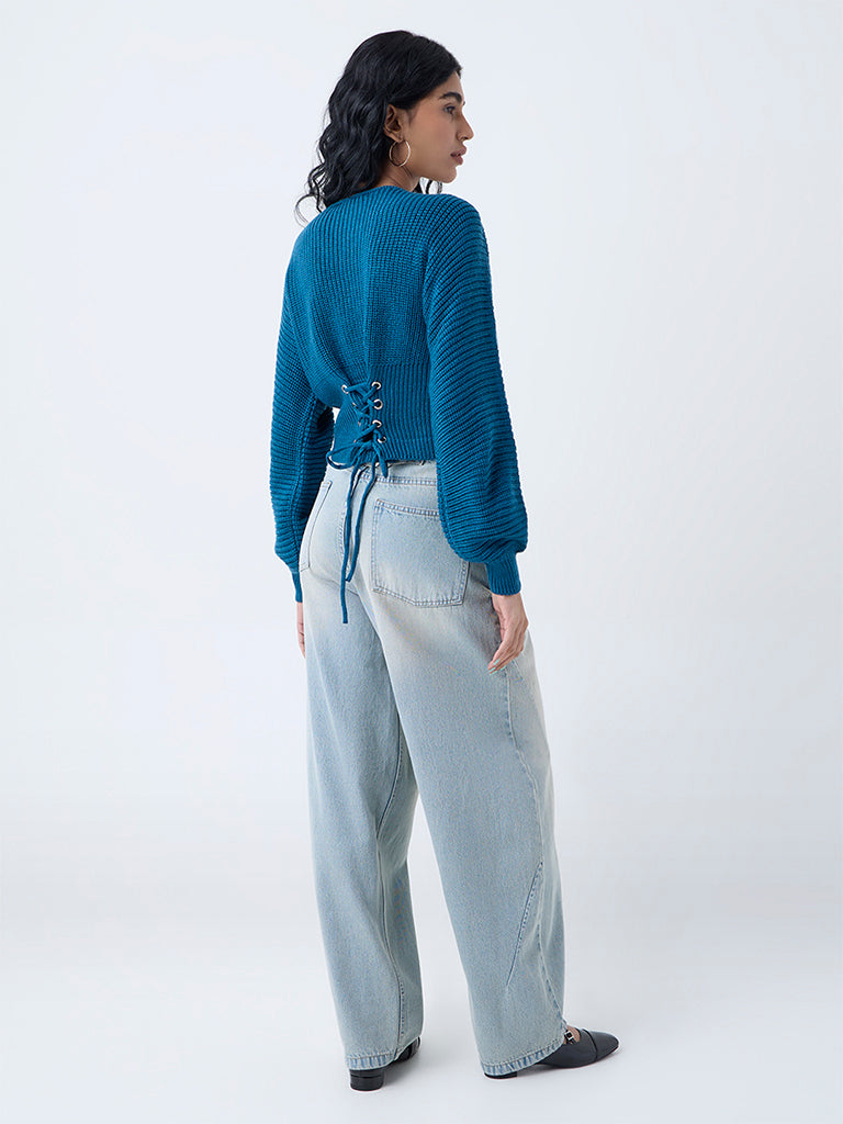 Nuon Teal Knit-Textured Sweater