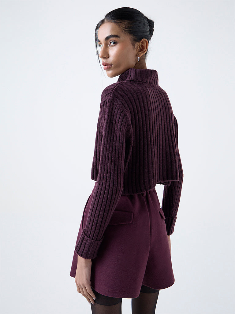Nuon Plum Self-Striped Turtle-Neck Sweater