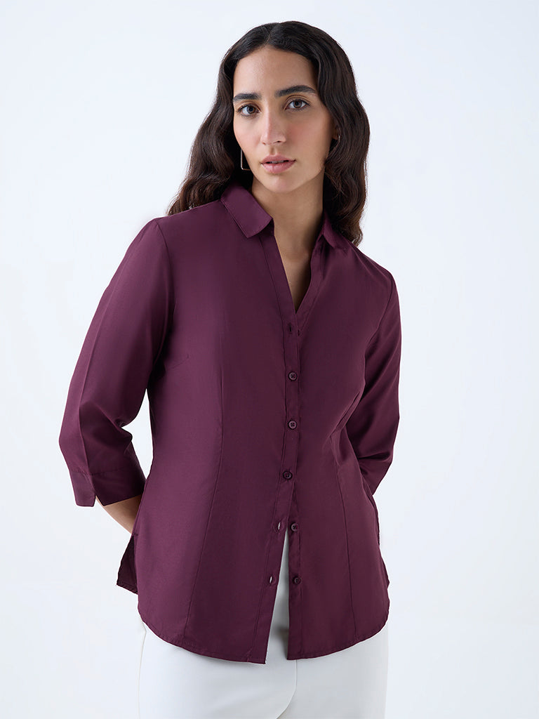 Westside Wardrobe Women's Plum Solid Shirt for Work Wear Front View
