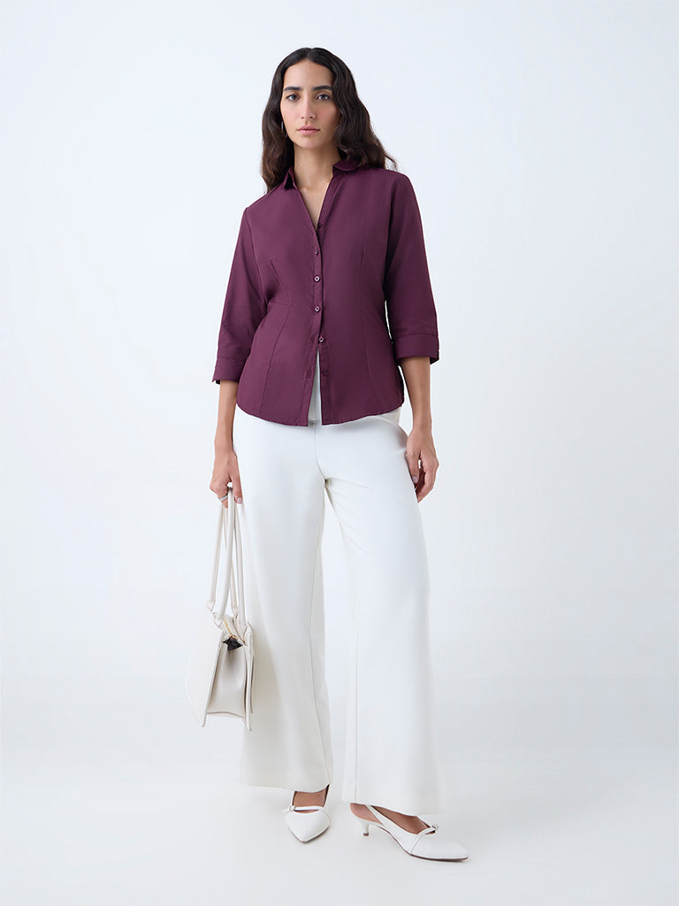 Westside Wardrobe Women's Plum Solid Shirt for Work Wear Full View