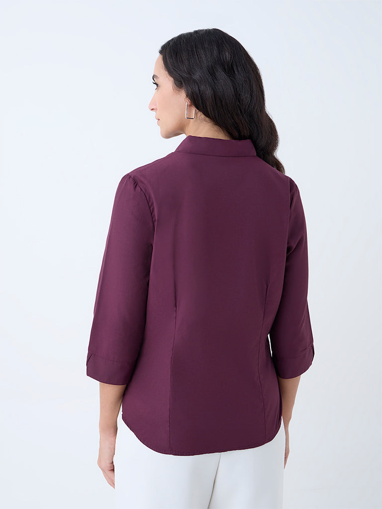 Westside Wardrobe Women's Plum Solid Shirt for Work Wear Back View