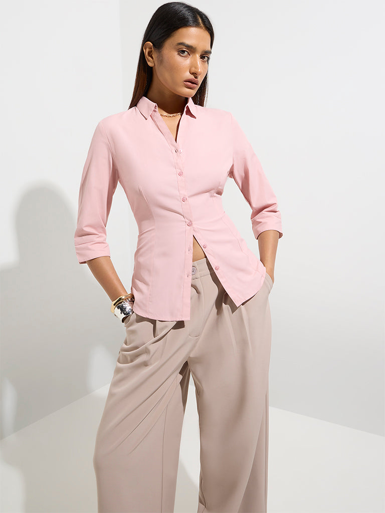 Westside Wardrobe Women's Pink Solid Shirt for Work Wear Front View