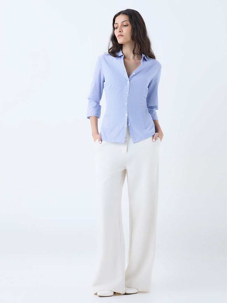 Westside Wardrobe Women's Blue Stripe Printed Shirt for Work Wear Full View