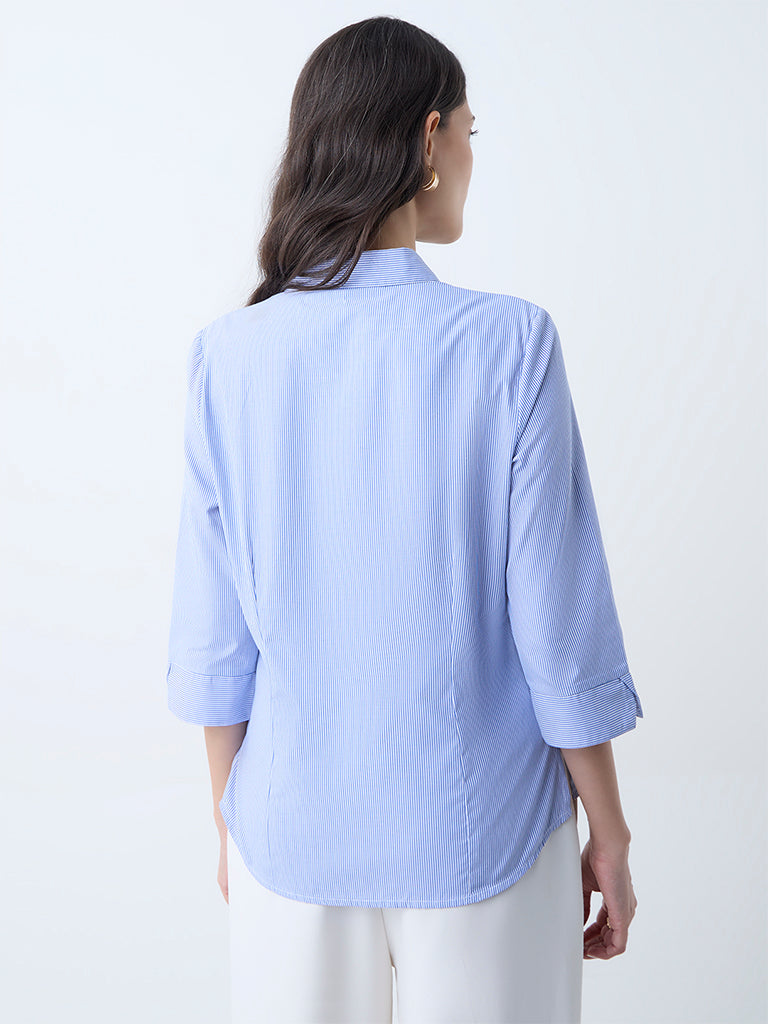 Westside Wardrobe Women's Blue Stripe Printed Shirt for Work Wear Back View