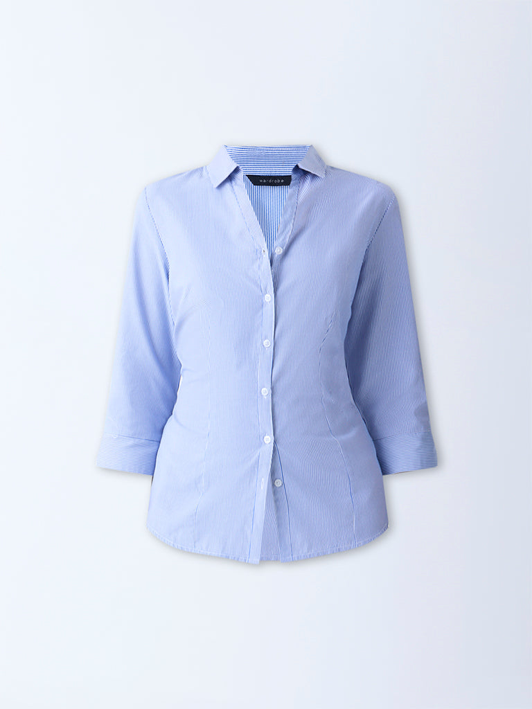 Westside Wardrobe Women's Blue Stripe Printed Shirt for Work Wear Flatly