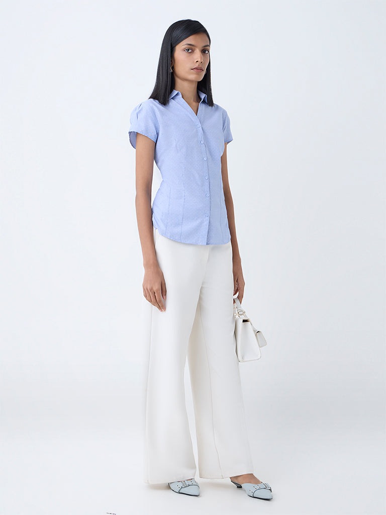 Westside Wardrobe Women's Light Blue Polka Dotted Shirt for Work Wear Full View