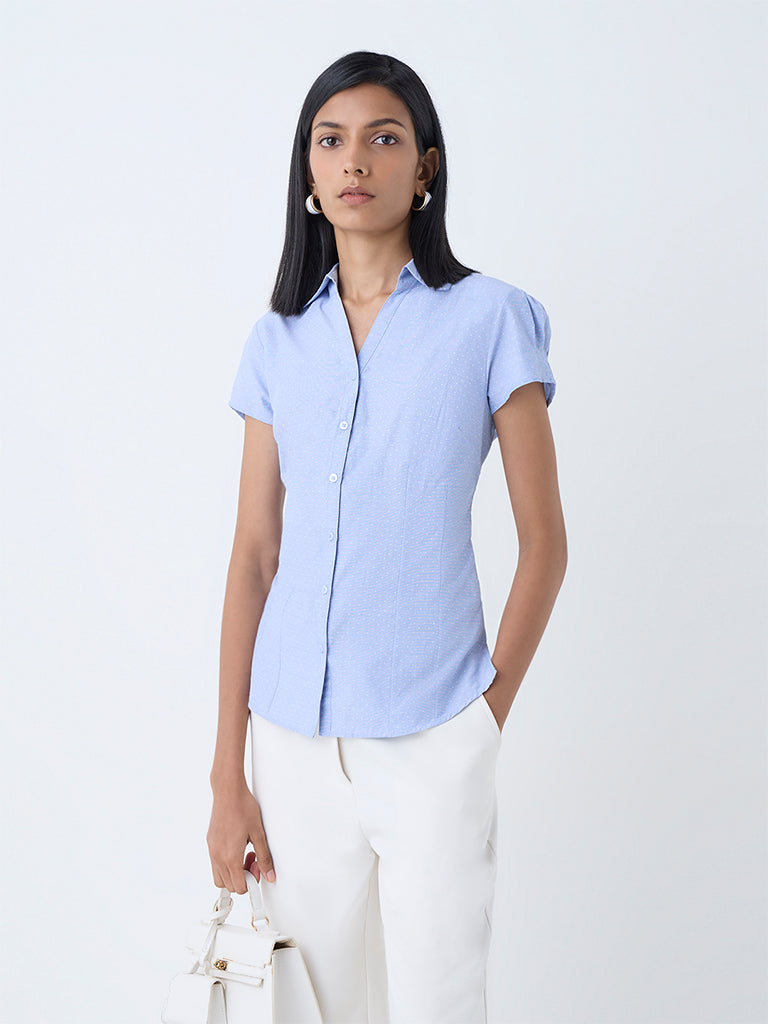 Westside Wardrobe Women's Light Blue Polka Dotted Shirt for Work Wear Front view