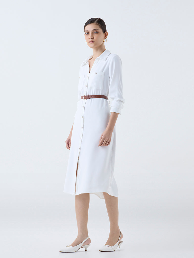 Wardrobe White Solid Shirt Dress with Belt