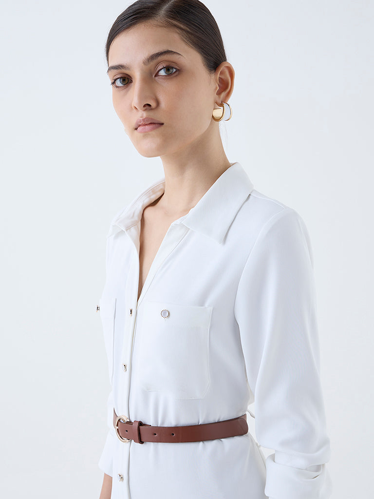 Wardrobe White Solid Shirt Dress with Belt