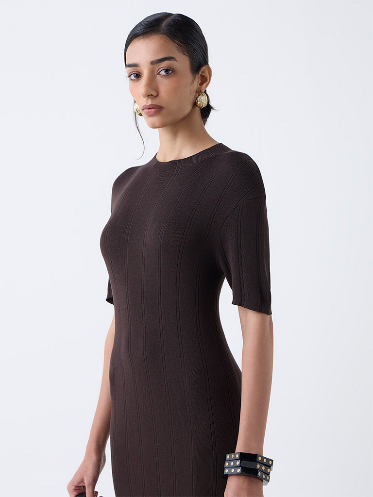 Wardrobe Dark Brown Knitted Bodycon Dress