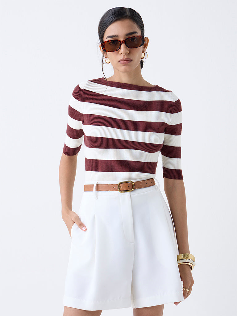 Westside Wardrobe Women's Brown Striped Ribbed T-Shirt for Work Wear Front view
