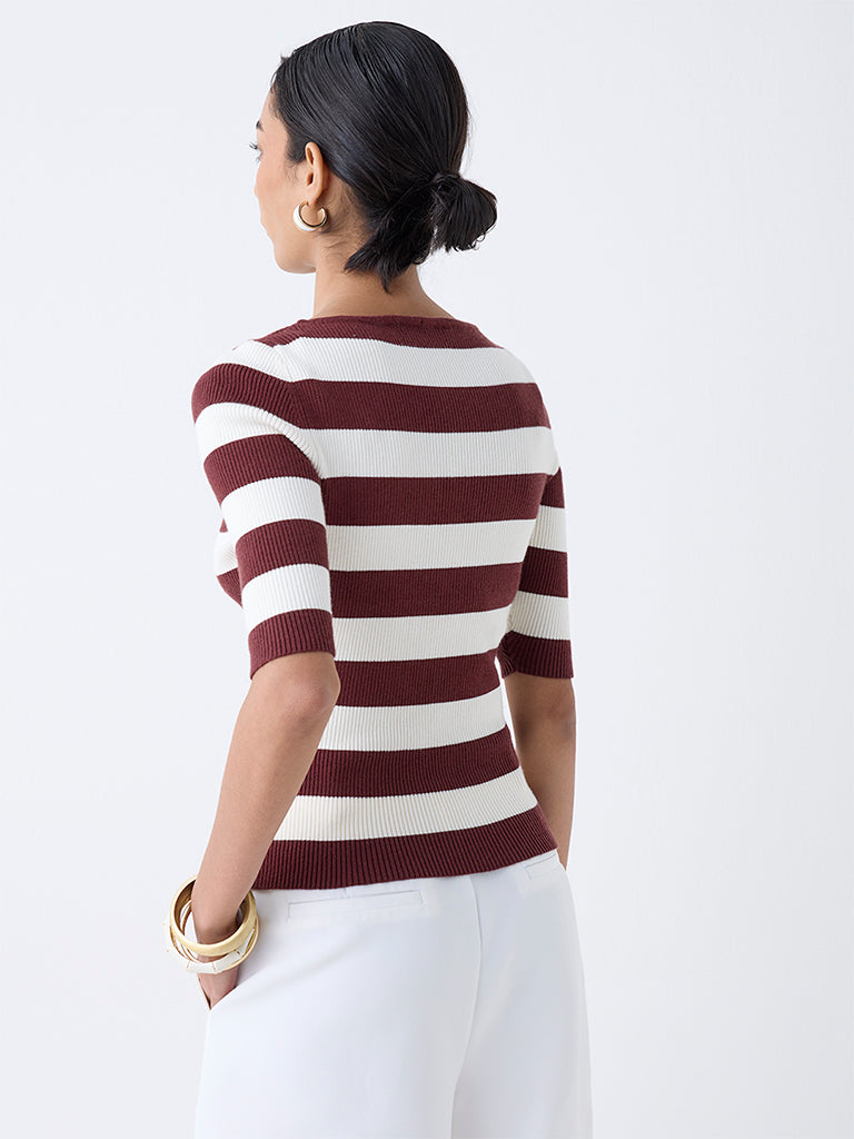 Westside Wardrobe Women's Brown Striped Ribbed T-Shirt for Work Wear Back View