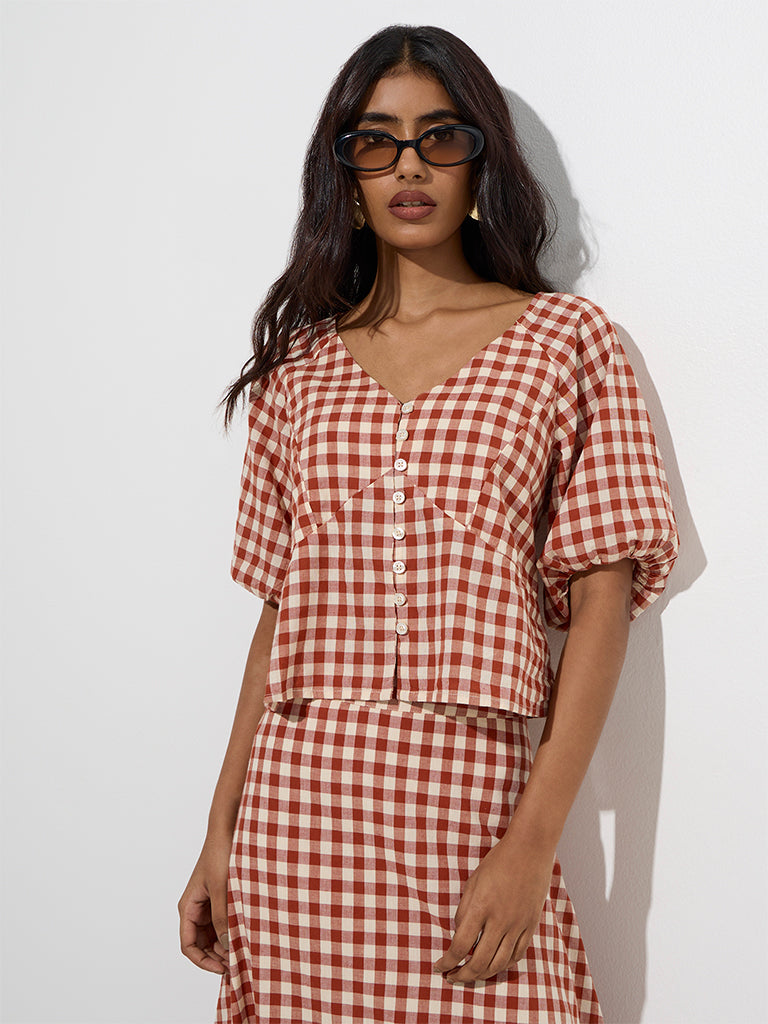Westside LOV Women's Rust Gingham Checks Design Cotton Top for Casual Wear Front View
