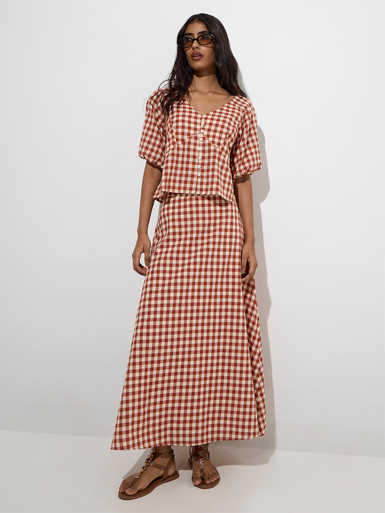 Westside LOV Women's Rust Gingham Checks Design Cotton Top for Casual Wear Full Model View