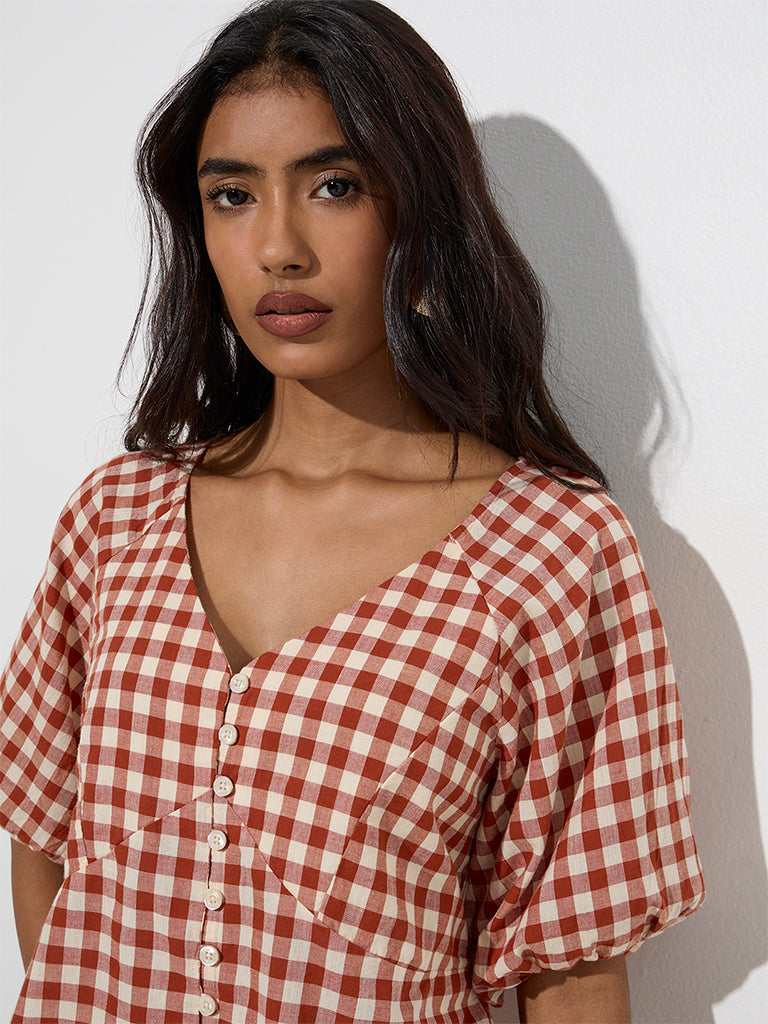 Westside LOV Women's Rust Gingham Checks Design Cotton Top for Casual Wear Zoom View