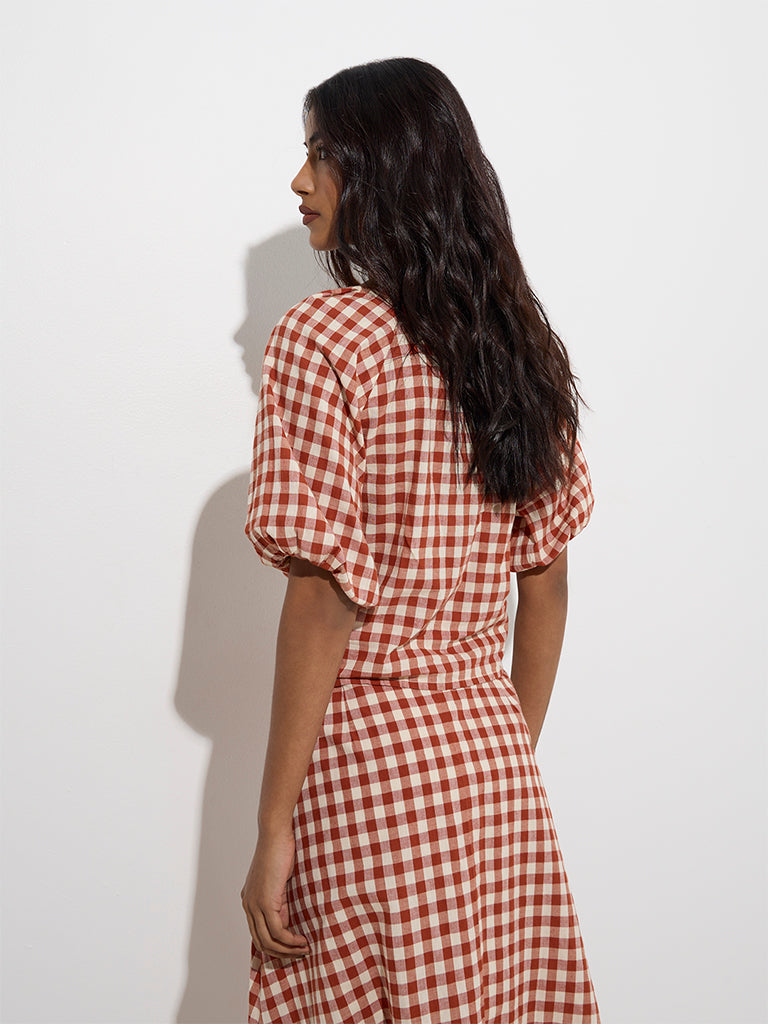 Westside LOV Women's Rust Gingham Checks Design Cotton Top for Casual Wear Back View
