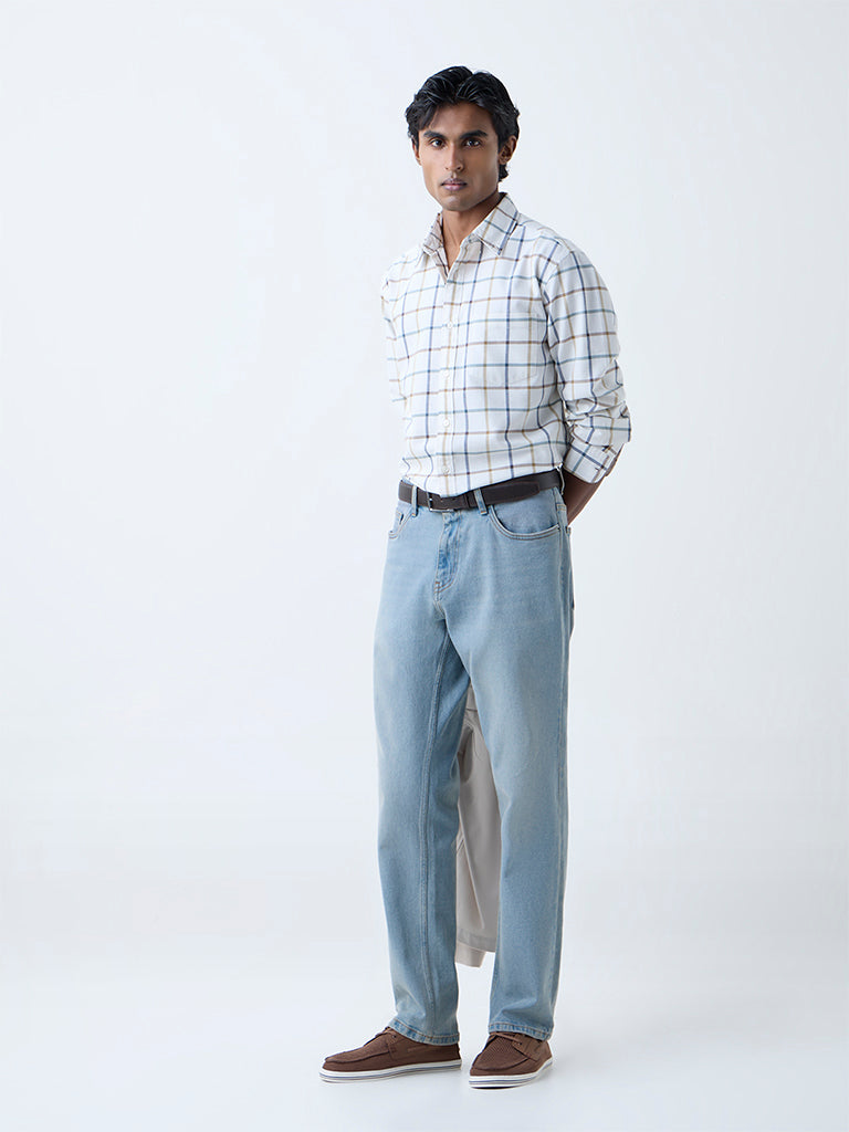 WES Casuals White Checks Printed Relaxed-Fit Cotton Shirt