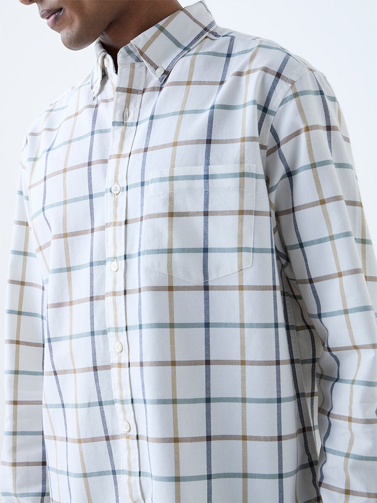 WES Casuals White Checks Printed Relaxed-Fit Cotton Shirt