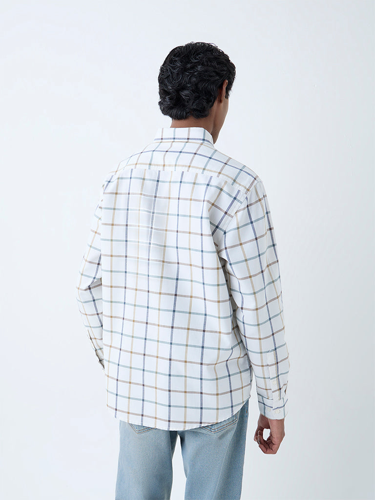 WES Casuals White Checks Printed Relaxed-Fit Cotton Shirt