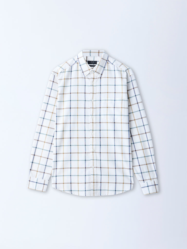 WES Casuals White Checks Printed Relaxed-Fit Cotton Shirt
