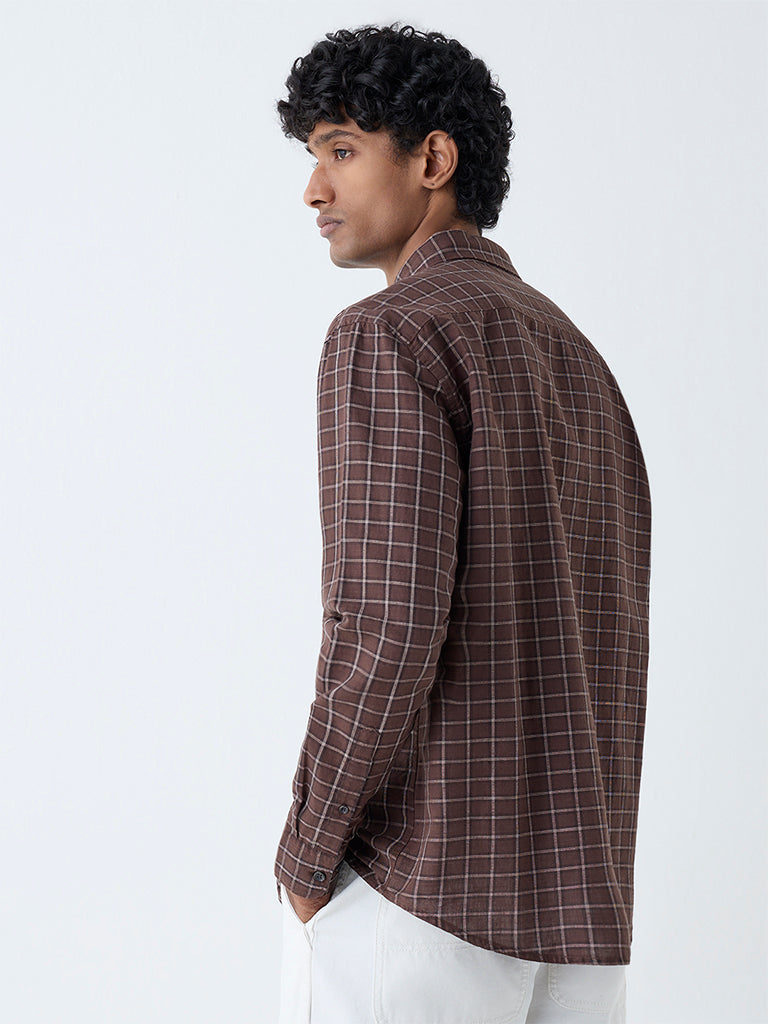 WES Casuals Brown Checkered Relaxed-Fit Cotton-Blend Shirt