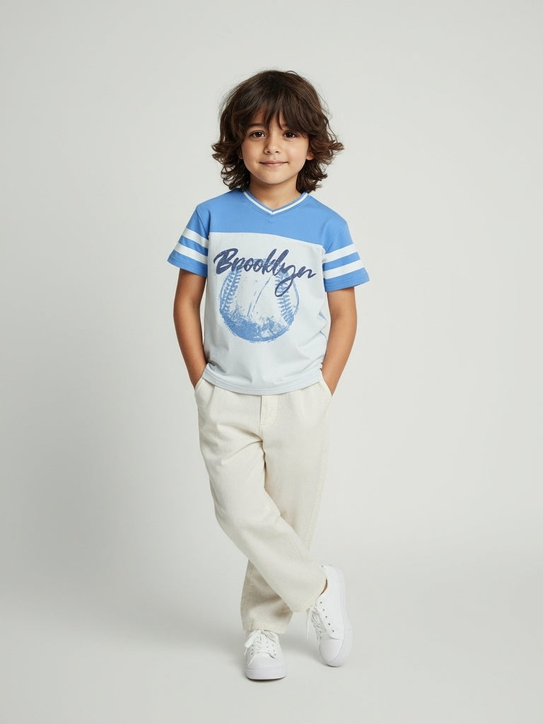 HOP Kids Boys Blue Baseball-Themed Cotton T-Shirt